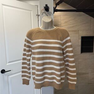 LOFT Tan and White Crew Neck Sweater with Stripes